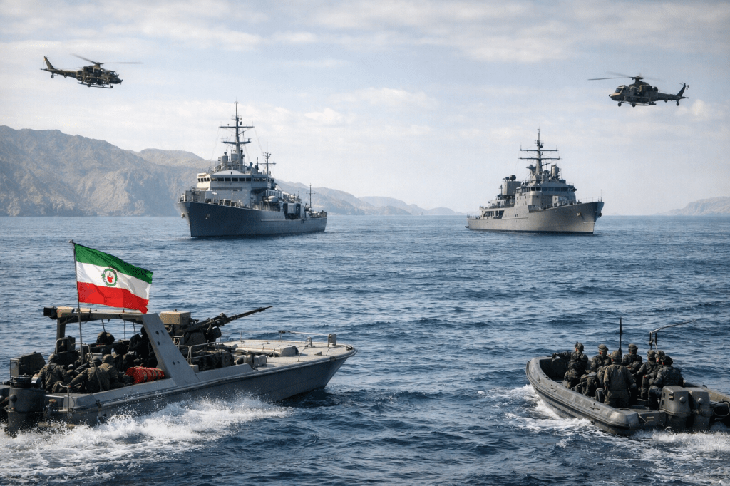 Naval ships and boats engaged in battle with missiles and gunfire amid smoke and fire