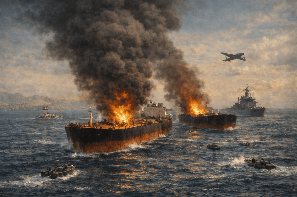 Burning naval ships under missile and aircraft attack on turbulent sea