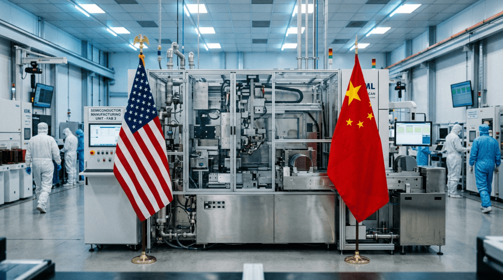 Semiconductor manufacturing equipment with American and Chinese flags and workers in cleanroom suits