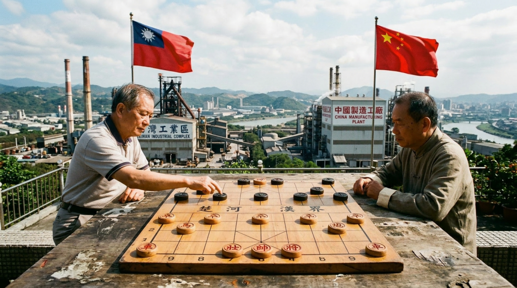 Chinese chess board with pieces on a table overlooking Taiwan and China industrial complexes with their flags.