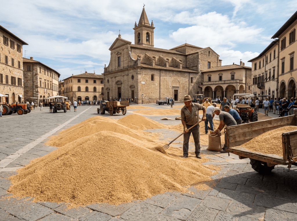 Farmers spreading and bagging grain on a stone-paved town square with historic buildings