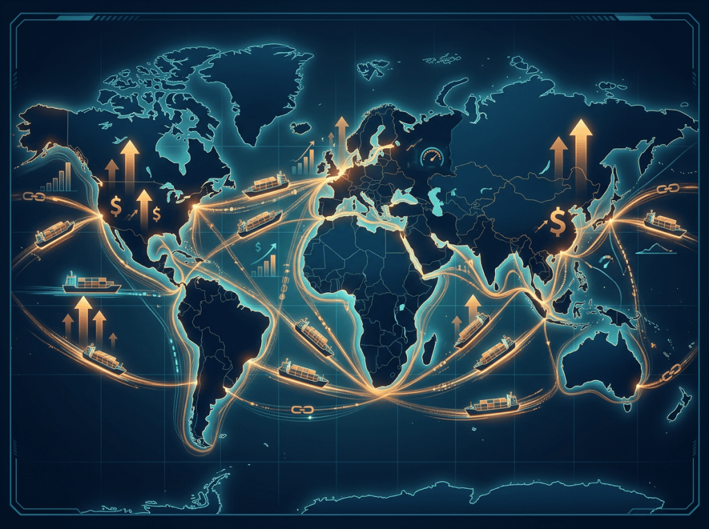 World map showing global shipping routes, cargo ships, trade links, and upward arrows
