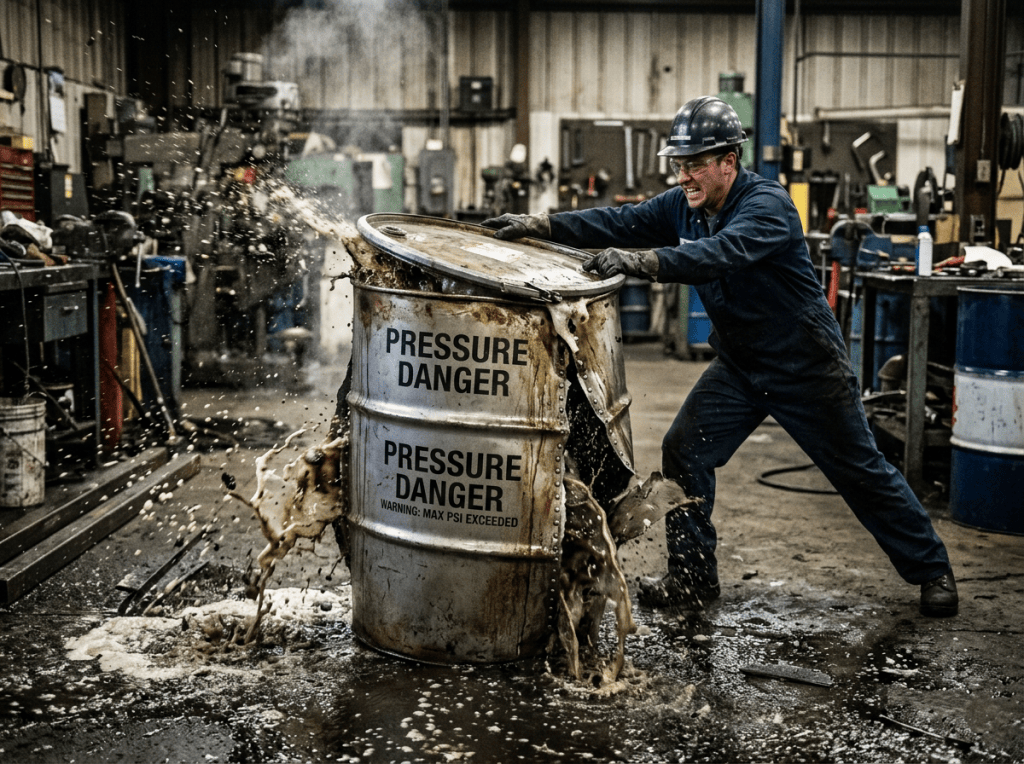 Worker holding a ruptured drum labeled “PRESSURE DANGER” as liquid sprays across workshop