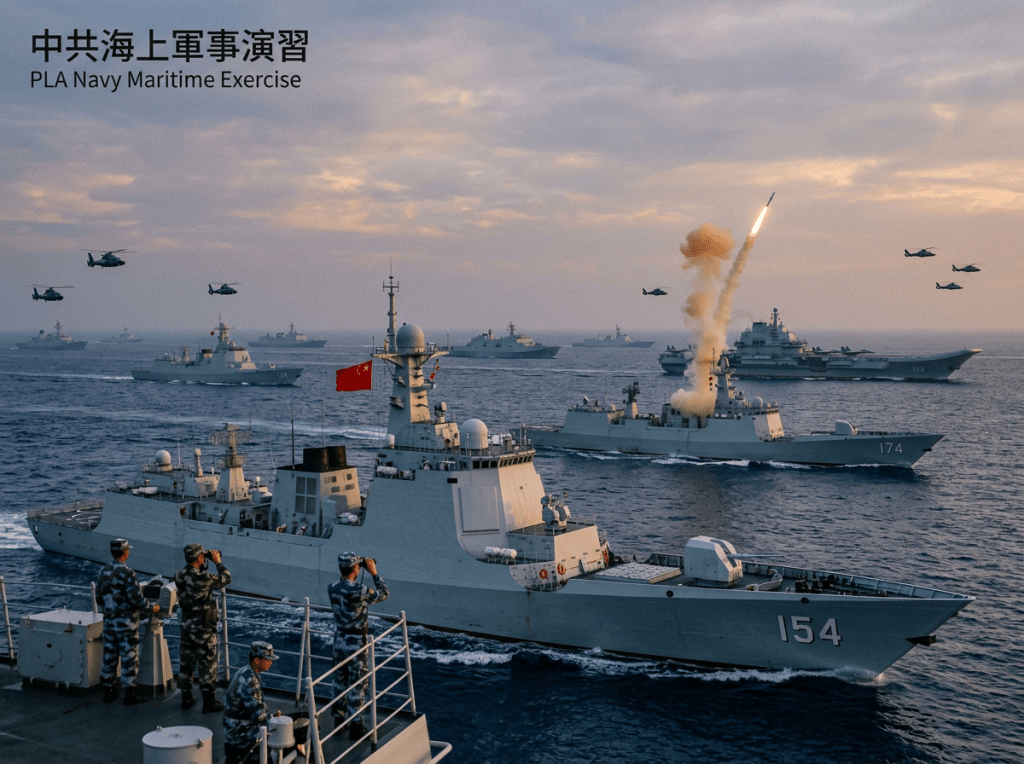 Text reads 中共海上軍事演習 and PLA Navy Maritime Exercise; warships launch a missile at sea.