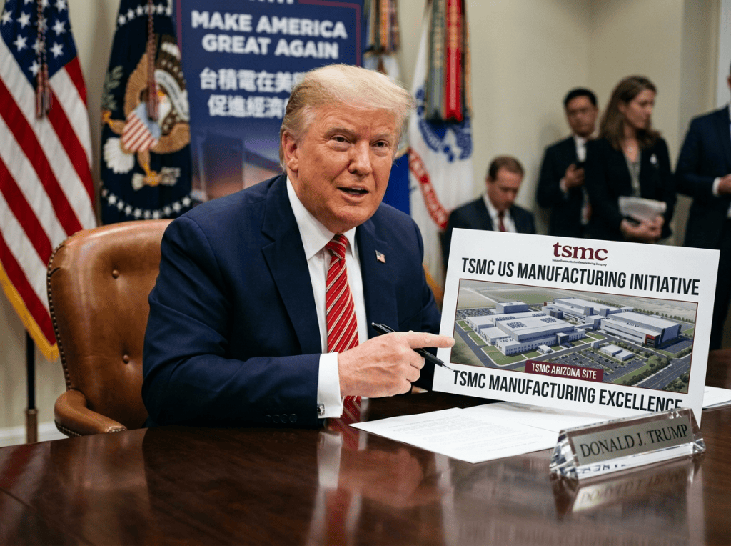 Donald Trump points to a sign reading “TSMC US MANUFACTURING INITIATIVE” and Chinese text about TSMC U.S. facilities; “MAKE AMERICA GREAT AGAIN” appears behind him.