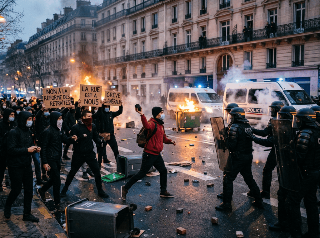 Protesters hold signs reading “NON À LA RÉFORME DES RETRAITES,” “LA RUE EST À NOUS,” and “GRÈVE GÉNÉRALE”; police vans read “POLICE.”